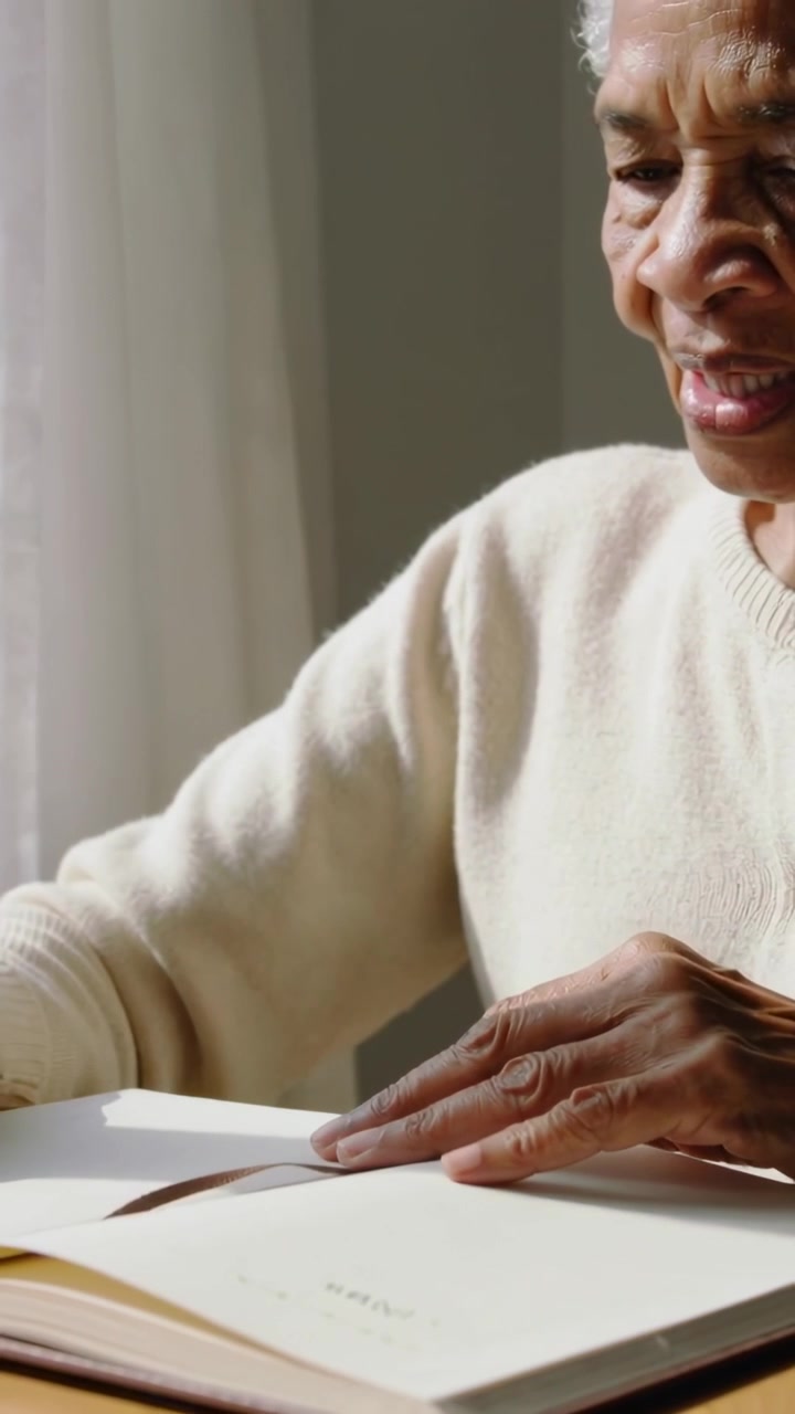 Vertical video: Lifting loose page, woman in sweater turning book pages at table by curtain reading