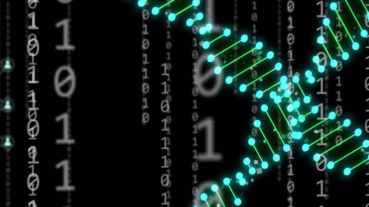 Animation of dna strands and newtork of connections over data processing on black background