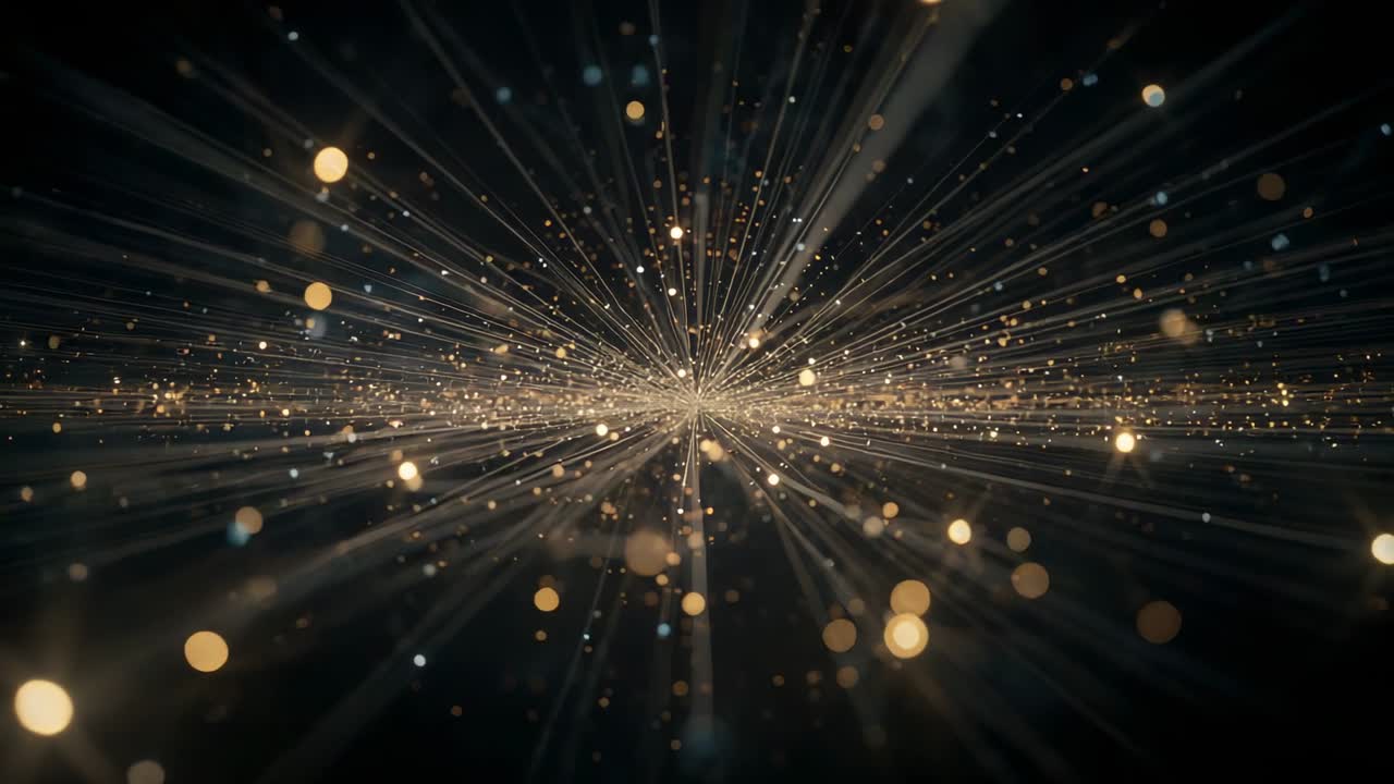 Origine centrale pulsante che invia strisce radiali attraverso un campo scuro, fascia glitterata, sfere bokeh e scintillii.