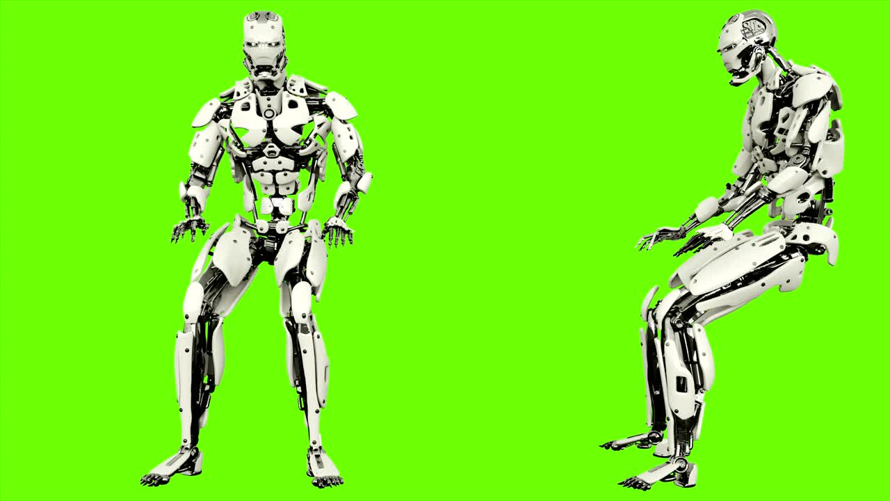 Robot android is banging fist. Realistic looped motion on green screen background. 4K