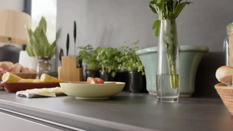 Close-up-of-food-in-bowls-on-countertop-in-kitchen,-slow-motion