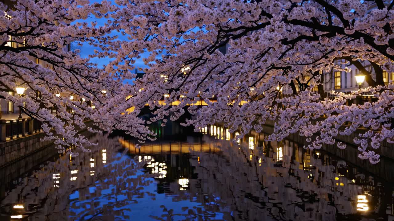 A serene evening video scene captures cherry blossoms over a tranquil canal