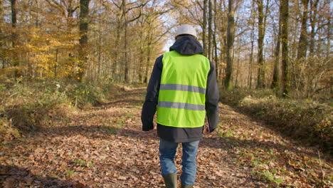 ingeniero masculino caminando solo en el bosque mientras lleva un clipboard para inspeccionar árboles, siguiendo a mano