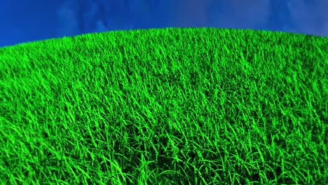 computer generated abstract background fast running on a round surface with green grass and sky. top viewing angle. 3d rendering