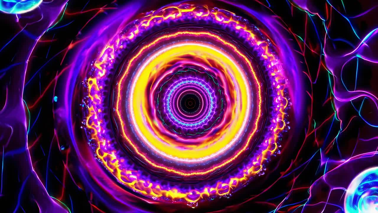 Bright swirling energy vortex radiating glowing rings, generating vibrant waves and luminous orbs within a dynamic cosmic scene filled with color and intrigue