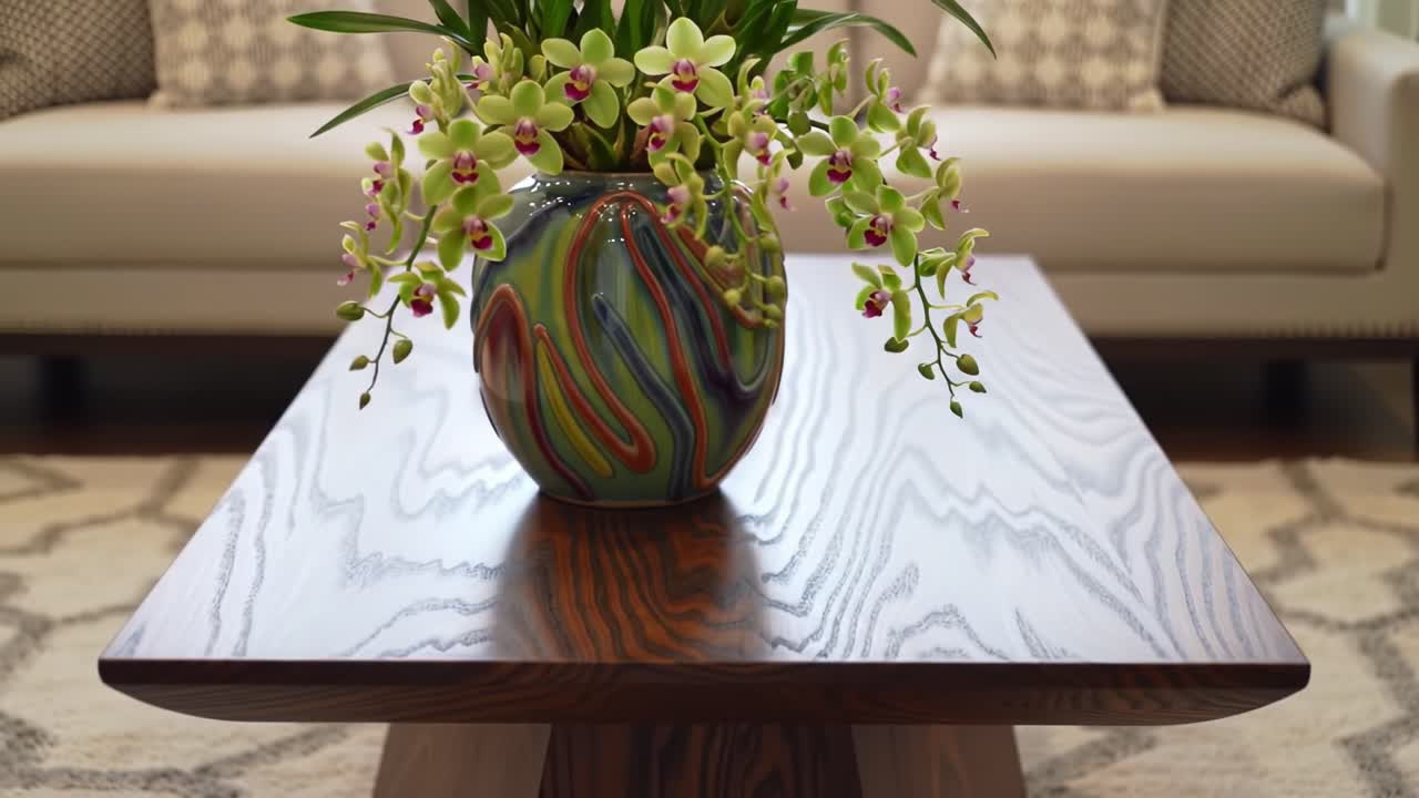 Stylishly Decorated Living Room Table Featuring a Colorful Vase with Orchids, Modern Elegant Furniture, and Cozy Textile Accents for a Welcoming Ambiance