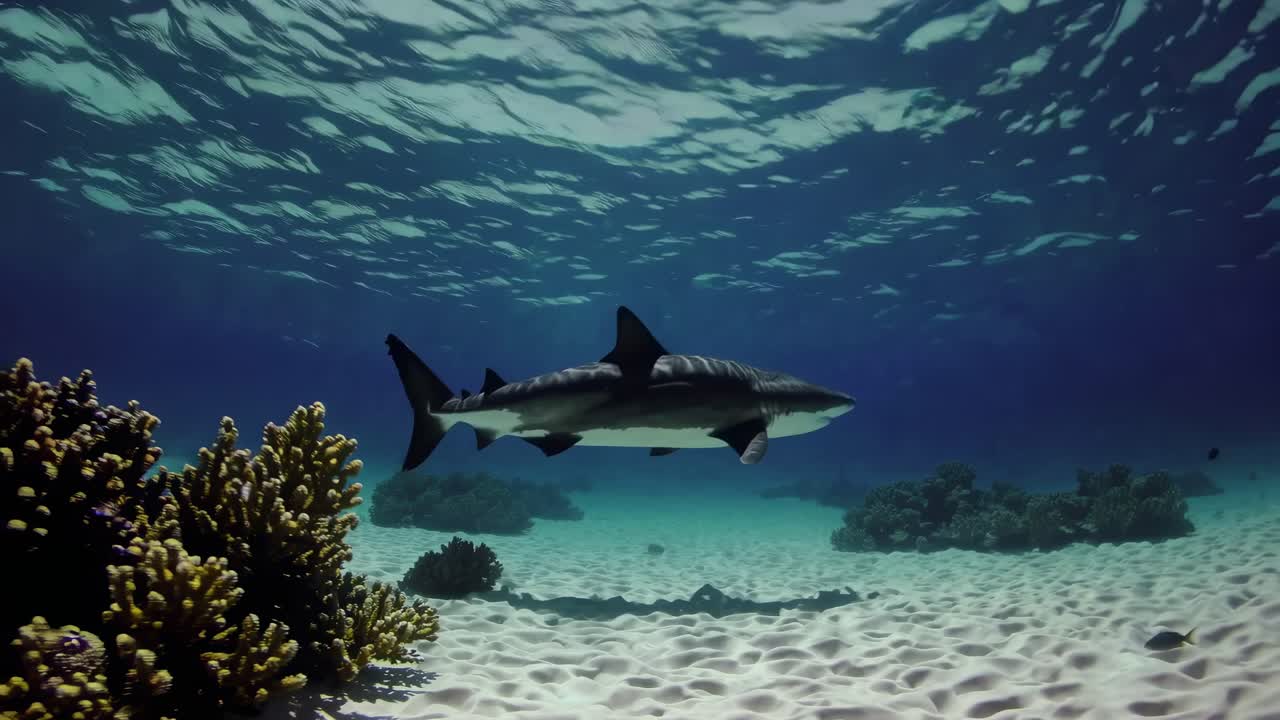 Large shark gliding gracefully over the white sandy seabed, surrounded by a vibrant coral reef. Crystal clear water and a gently rippling surface enhance the tranquil underwater scene