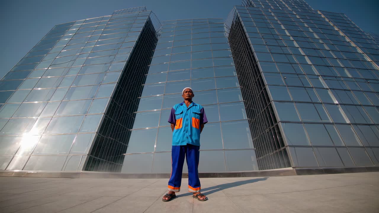 Worker in front of Modern Skyscrapers
