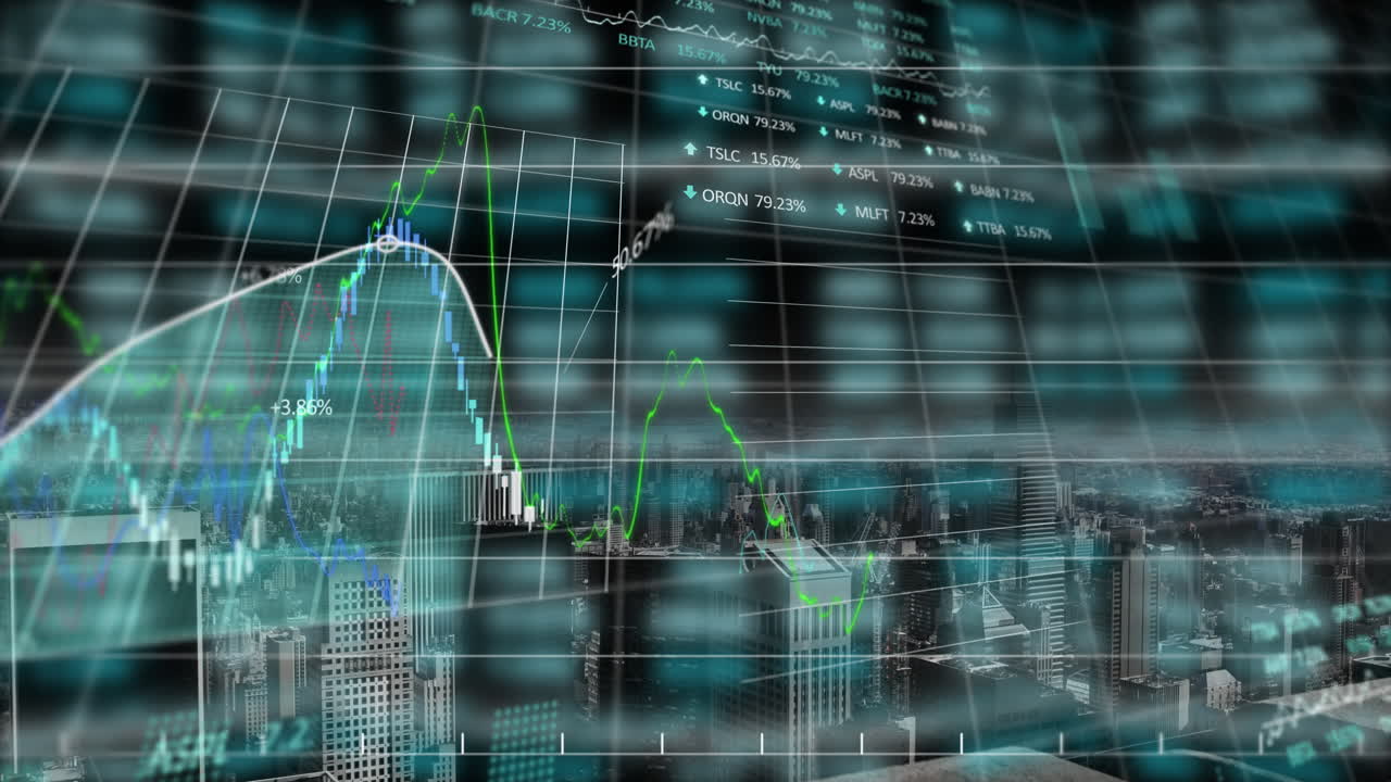 Animation of financial data processing over black background