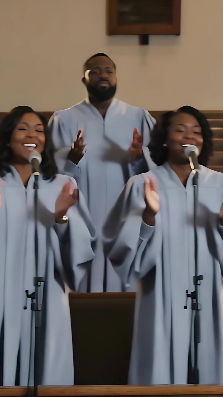 Vertical video: On organ cue, robed soloist singing in church, choir joining, man finishing on mic