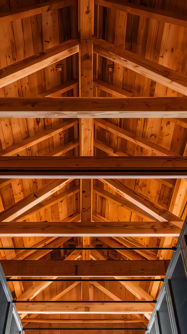 Video verticale: La telecamera inquadra dall'inizio un soffitto in legno con capriate in una baita, mostrando aste per lo studio.
