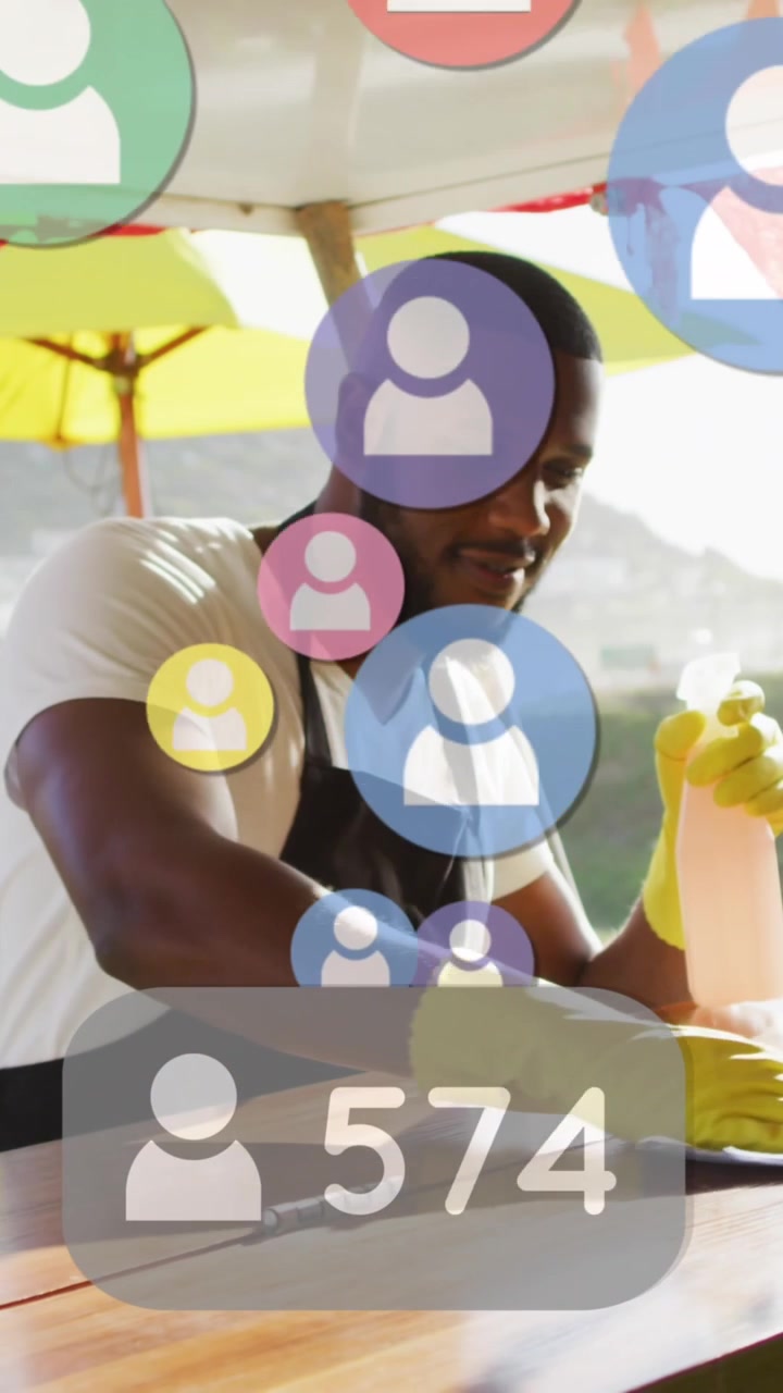 Animation of social media icons and numbers over african american man cleaning food truck