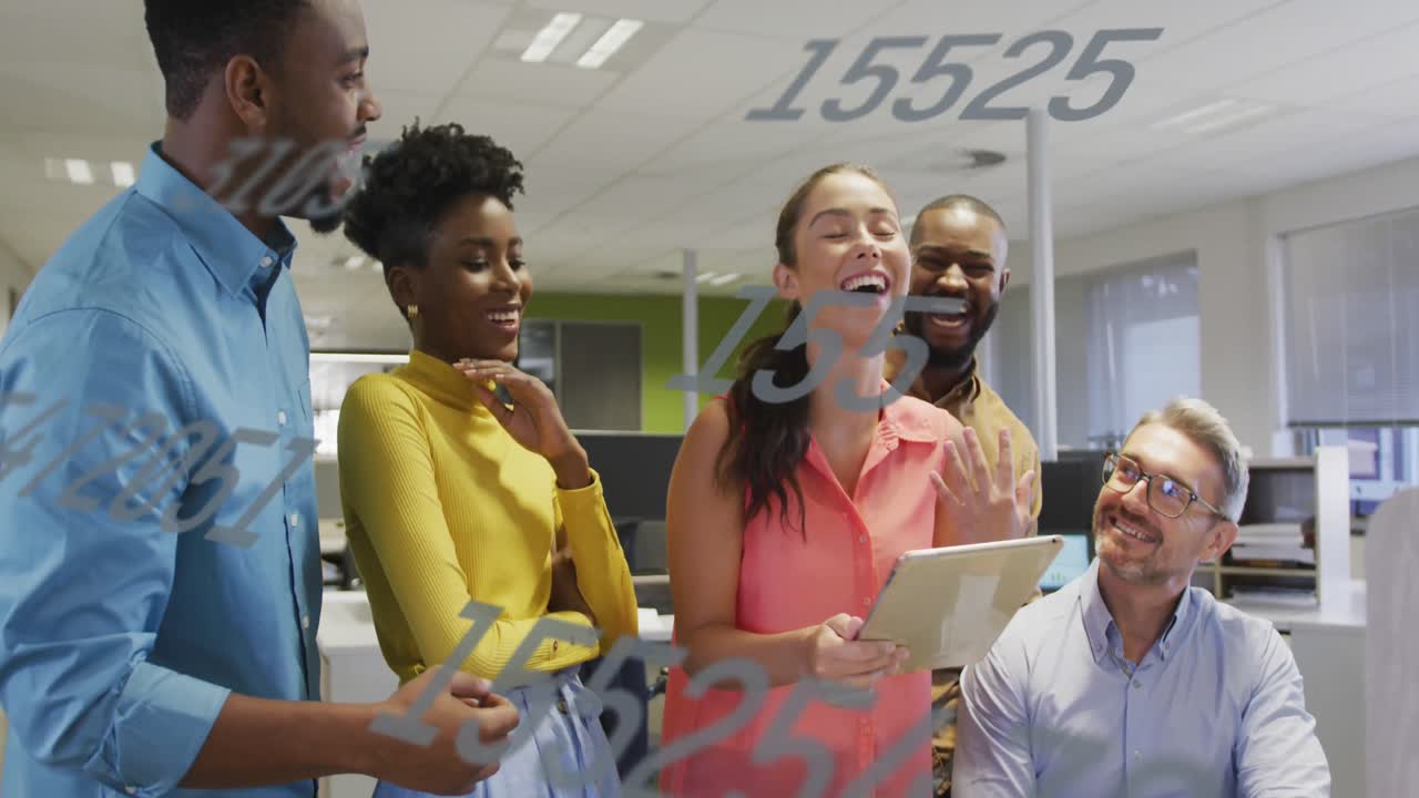 Animation of changing numbers against diverse colleagues laughing together at office