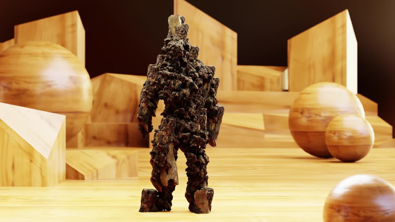 clip de baile de monstruo aislado. personaje de madera, baile de baraje, animación de bucle, renderizado en 3d