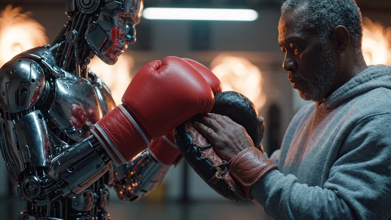 Un'interazione potente: un robot e un allenatore impegnati in un allenamento di boxe, che mostrano forza, unità e tecnologia futuristica in un'atmosfera dinamica.