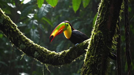 toucan perched on a mossy branch in a tropical rainforest