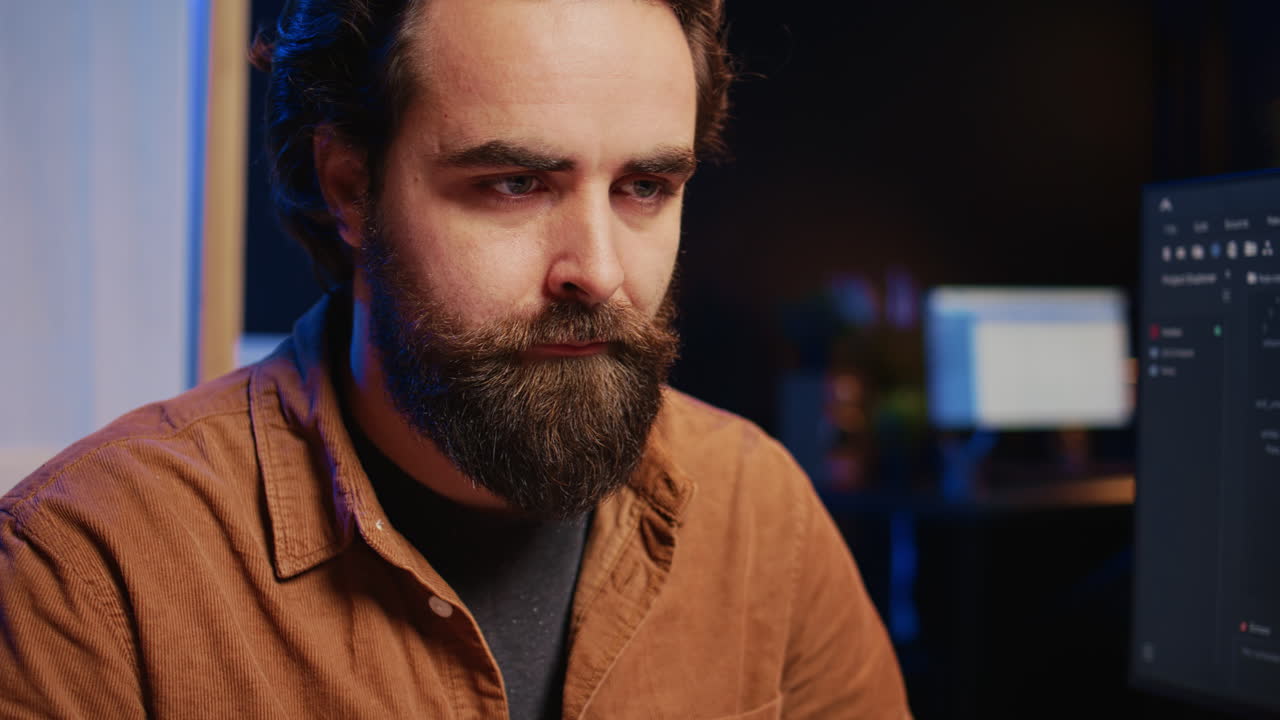 Software technician in apartment office deeply immersed in coding, close up