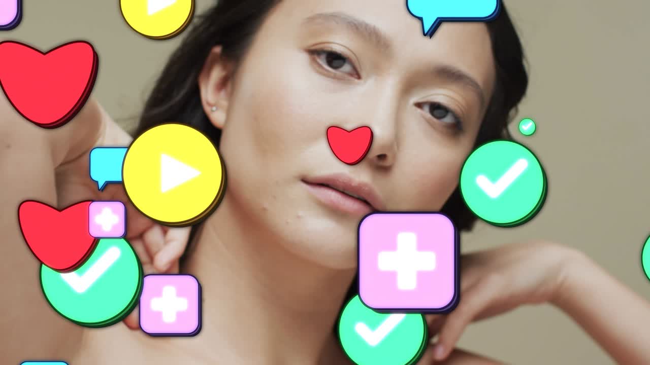 Female model touching neck, play and heart icons entering frame, obscuring lower face for marketing