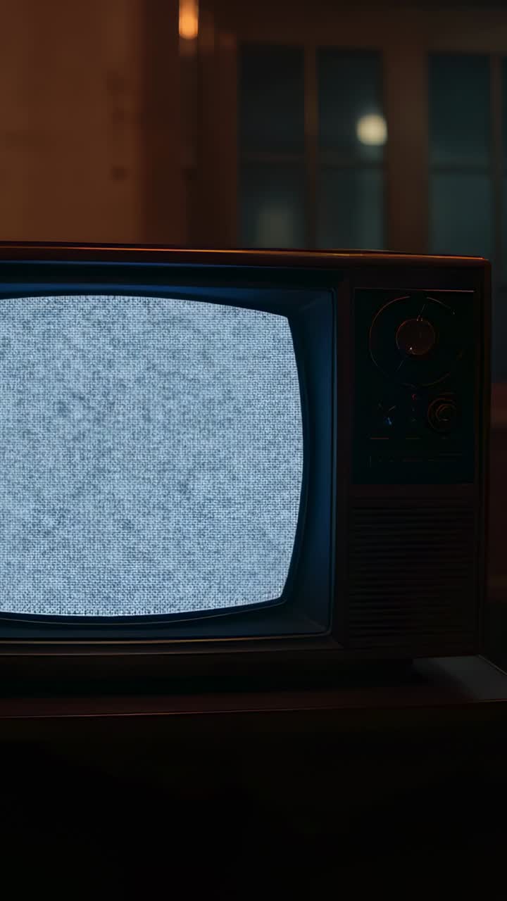 Video verticale: televisore CRT vintage acceso alla ricerca del segnale di notte in un soggiorno, che mostra immagini statiche