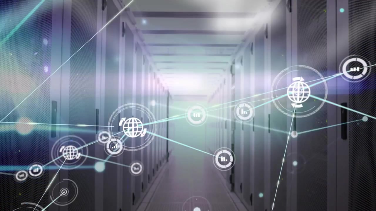 Animation of network of connections with icons over server room