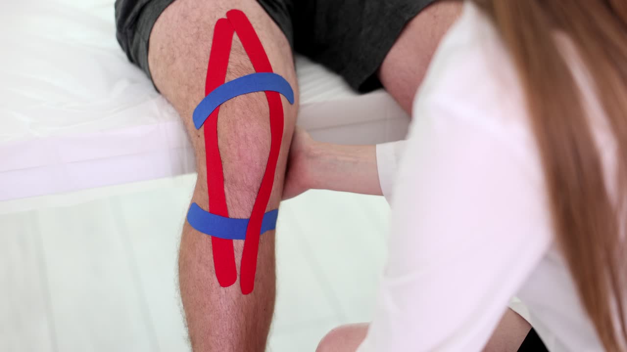 Fisioterapista che applica il kinesiotape al ginocchio del paziente in primo piano della clinica