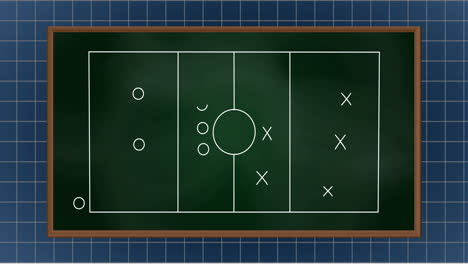 animación de símbolos de x, flechas y círculos en canchas deportivas con patrón de cuadrícula sobre fondo negro