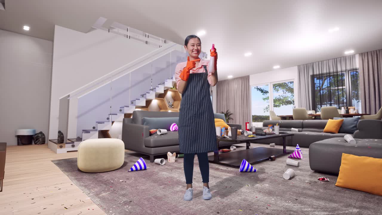Full Body Of Smiling Asian Female Housekeeper With An Apron Pointing A Spray While Standing In House