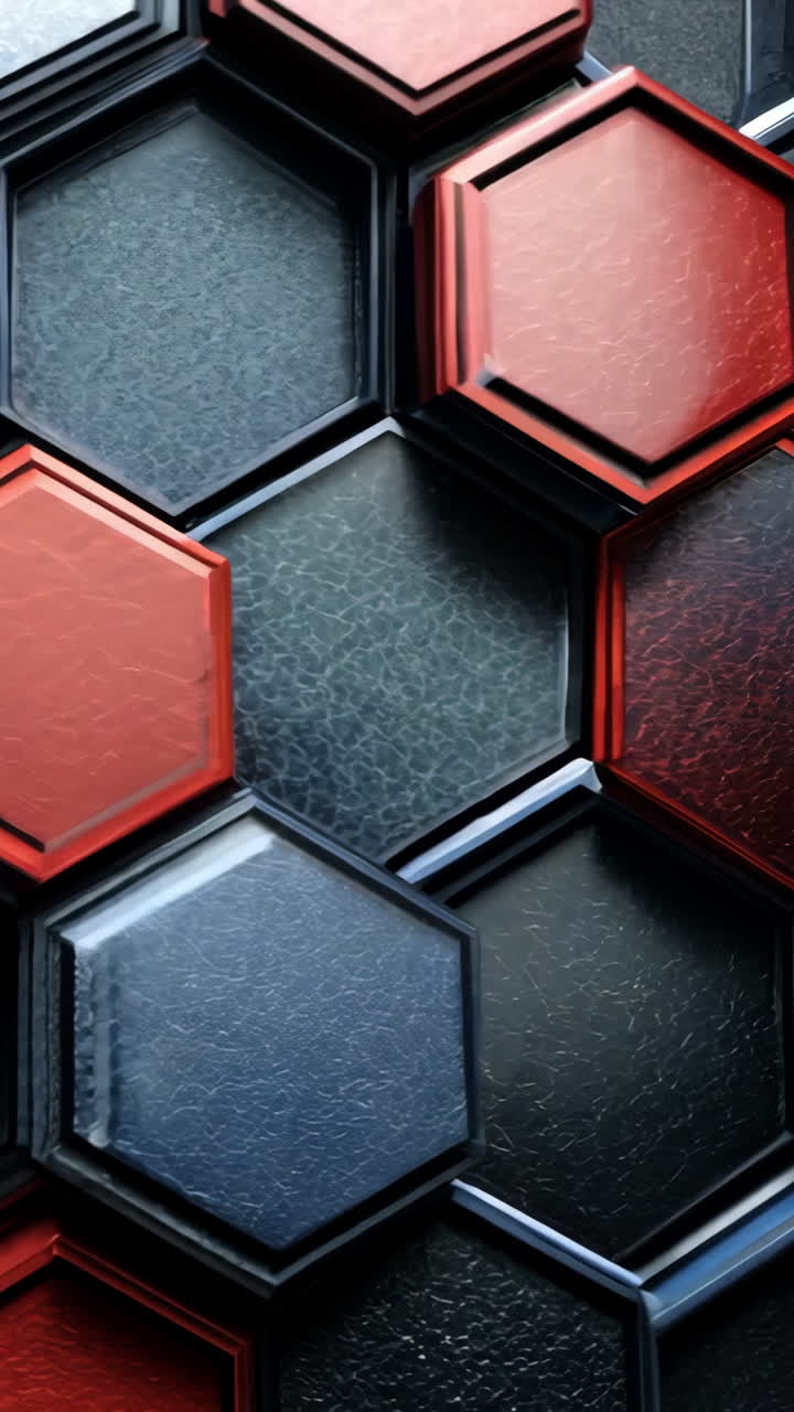 A colorful pattern of hexagons and squares. The colors are red, blue, and black. The pattern is abstract and has a modern feel to it
