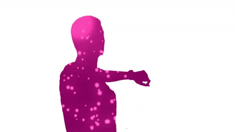 animación de la silueta de un hombre de negocios usando un reloj con rastros de luz sobre un fondo blanco