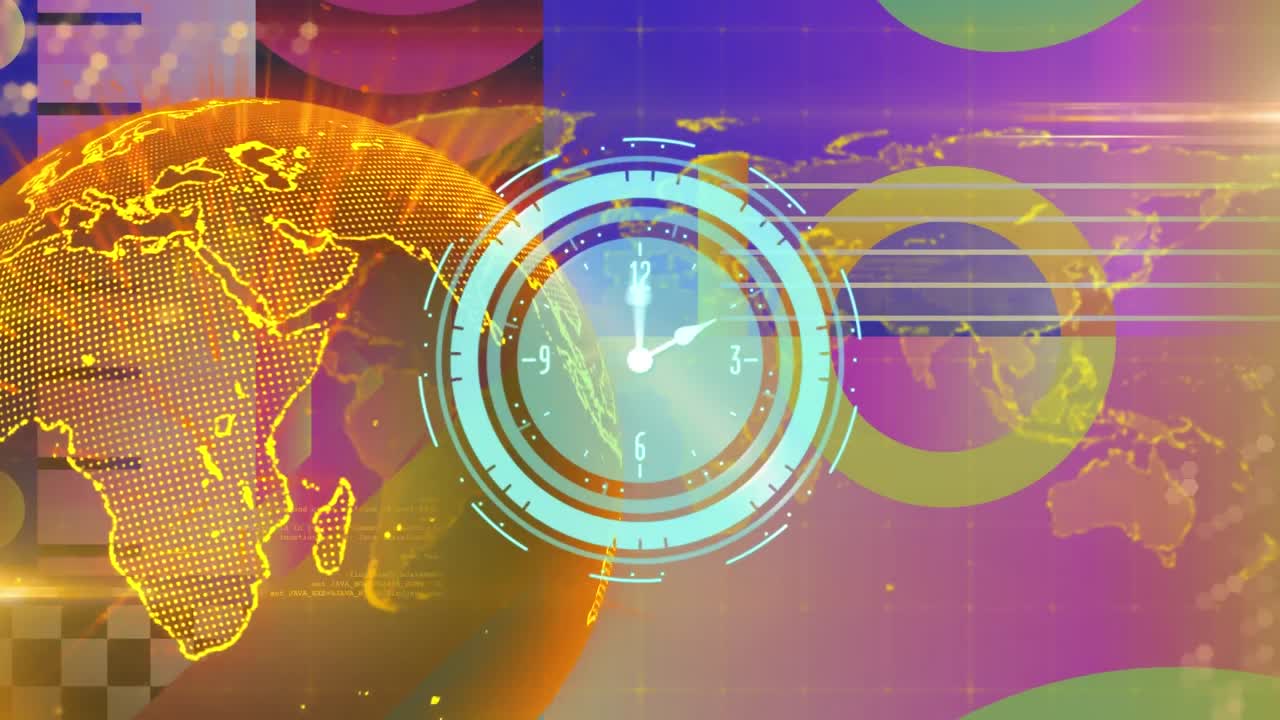 animación de un reloj que se mueve rápidamente por el globo con redes de conexiones y un mapa del mundo