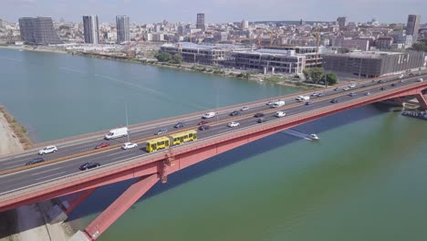 Beautiful-static-still-aerial-shot-of-Gazela-bridge-and-Sava-river-in-New-Belgrade