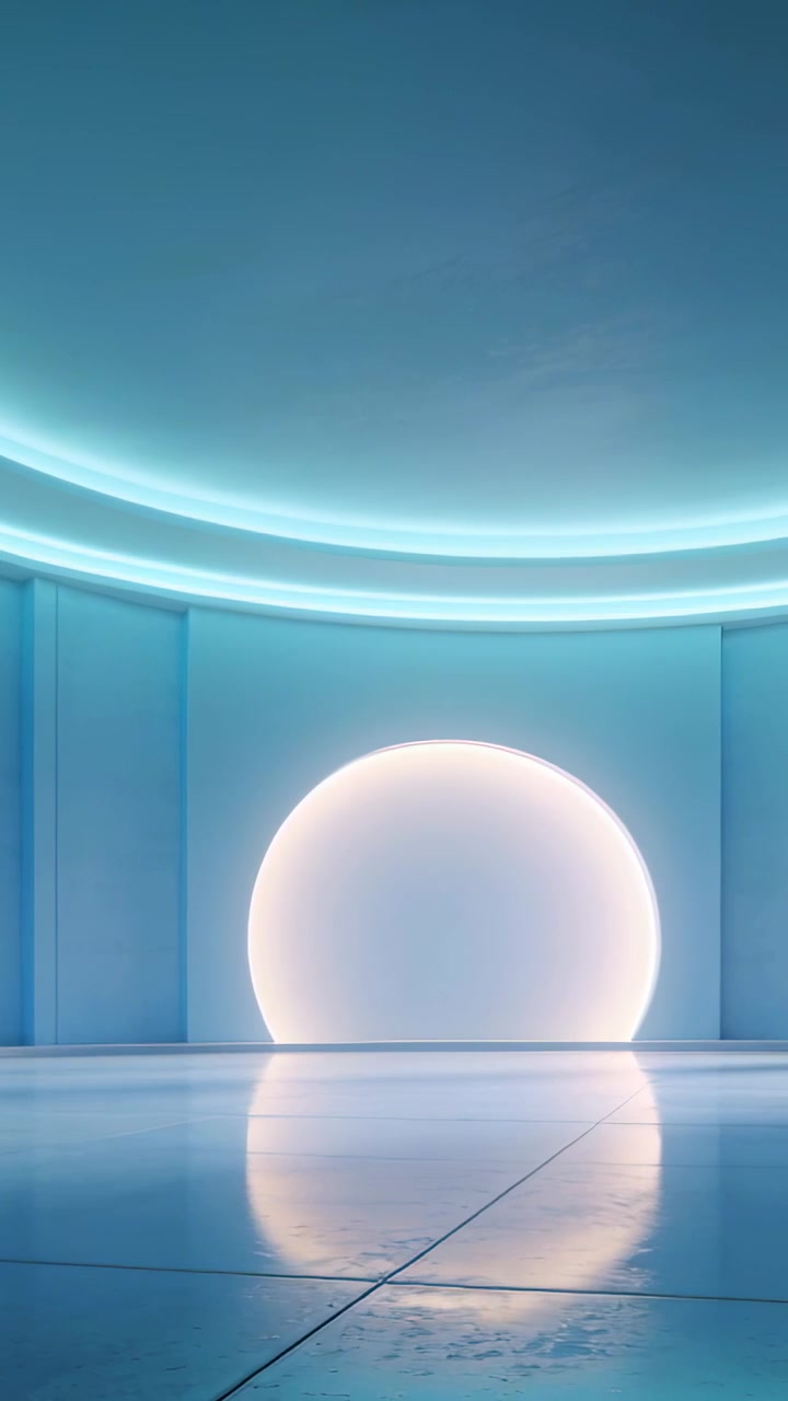 Video verticale: Telecamera che panoramica, sfera illuminata che scivola sulle piastrelle della galleria, rivelando un'entrata, anello LED.