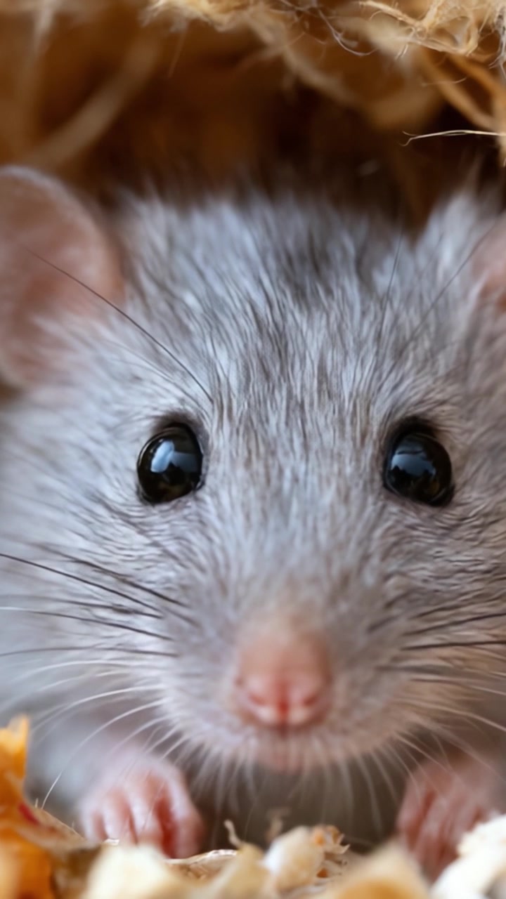 Un primo piano di un simpatico topo grigio annidato in una lettiera naturale evidenzia le adorabili caratteristiche e le texture presenti negli habitat di questi piccoli roditori.
