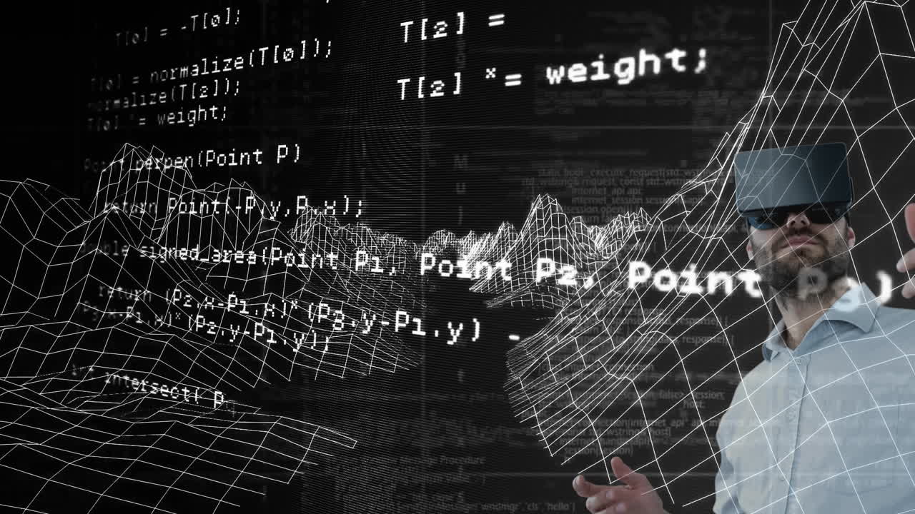 3d 산 구조물과 데이터 처리에 대항하여 vr 헤드 ⁇ 을 착용하는 백인 남성