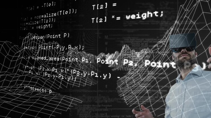 Caucasian man wearing vr headset against 3d mountain structures and data processing
