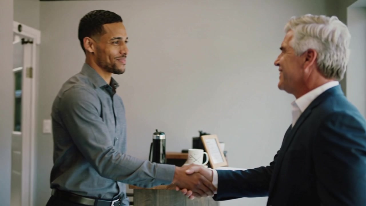 Grayshirt shaking hands ending meeting upon entry by urn in lobby escorting to glassdoor