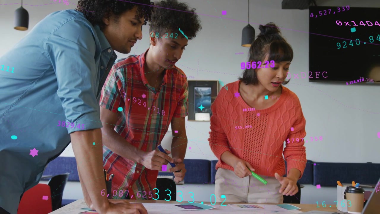 Marketing trio leaning table, woman reaching laptop sparking HUD, middle man marking review notes