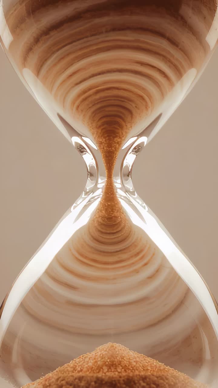 Vertical video: Streaming clear hourglass pouring fine tan sand in studio, gravity pulling, timing