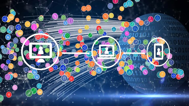 Animation of network of connections with digital icons over globe with binary coding