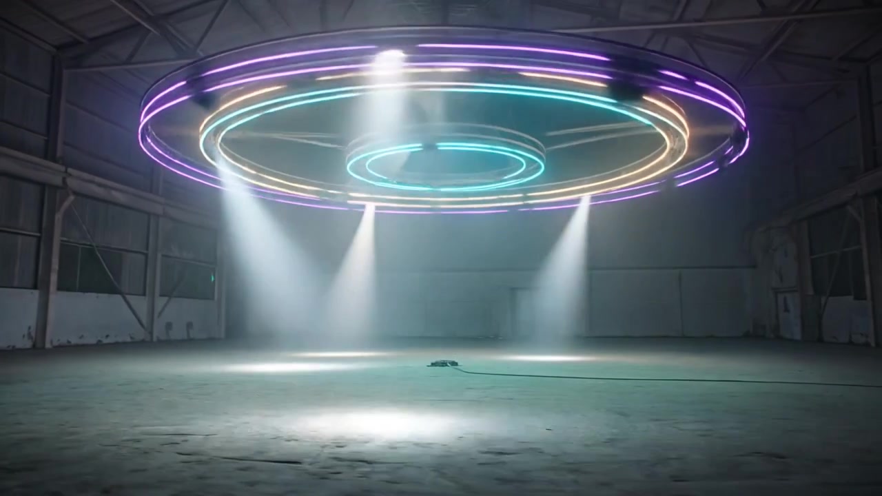 Alimentazione di una scatola a pavimento che attiva un impianto sospeso che ruota in un hangar, con tre raggi.