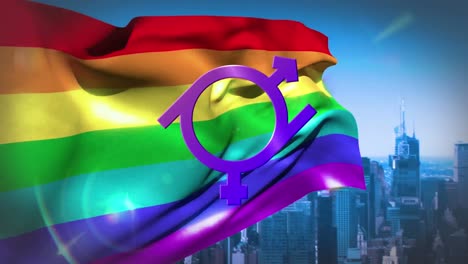 Genderfluid-symbol-on-rainbow-flag-and-cityscape-background