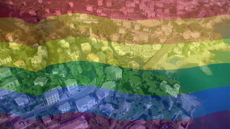 Animating rainbow flag over aerial city view