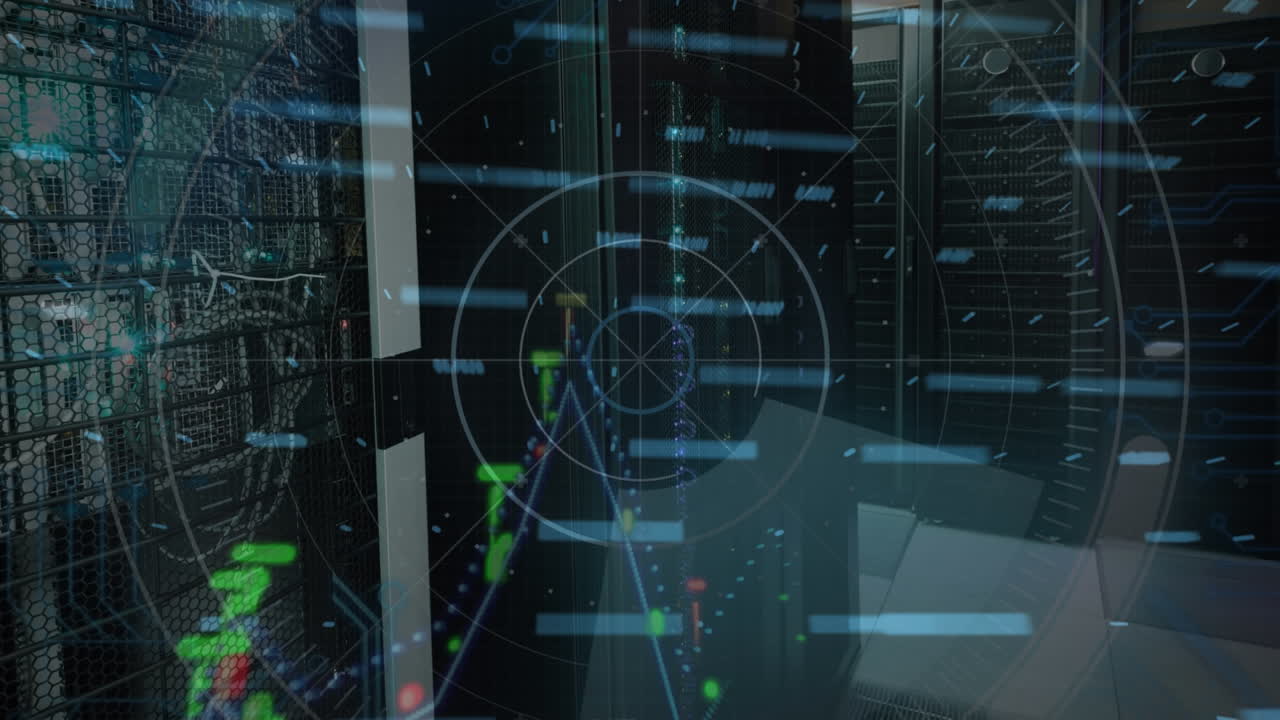 animazione della scansione della portata su elaborazione dei dati con grafico e sala server