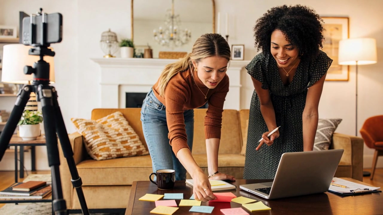 Two women brown top green dress sorting sticky notes at home tripod filming planning on laptop