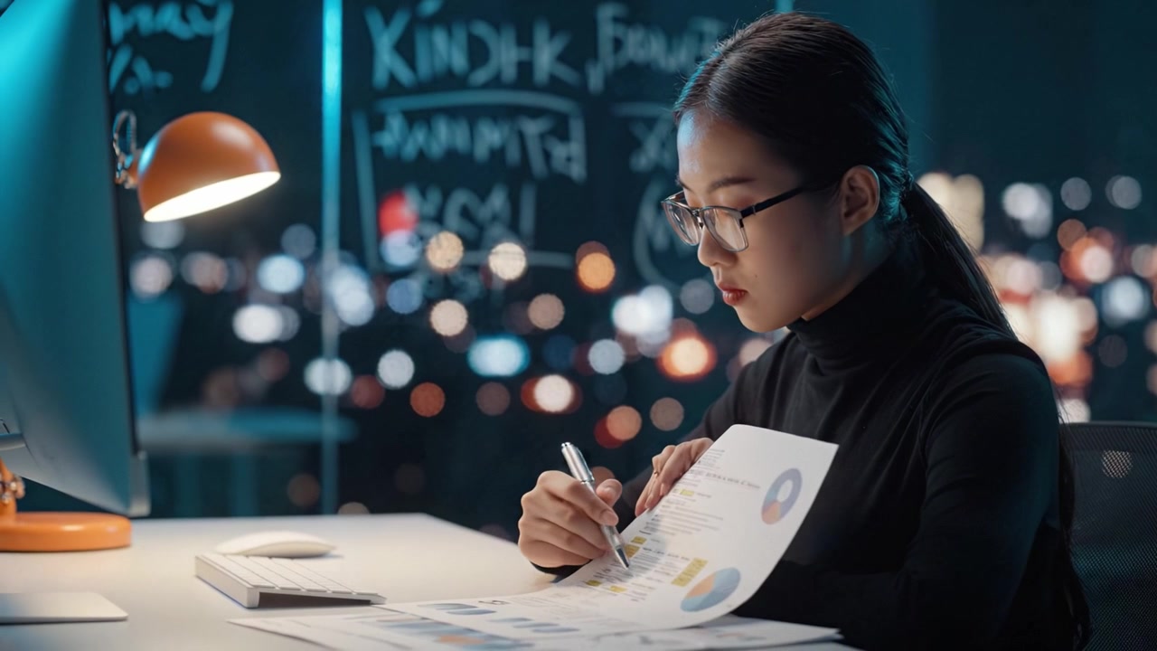 Focused Individual Analyzing Documents and Data in a Modern Workspace at Night with City Lights in the Background, Demonstrating Professional Dedication and Concentration