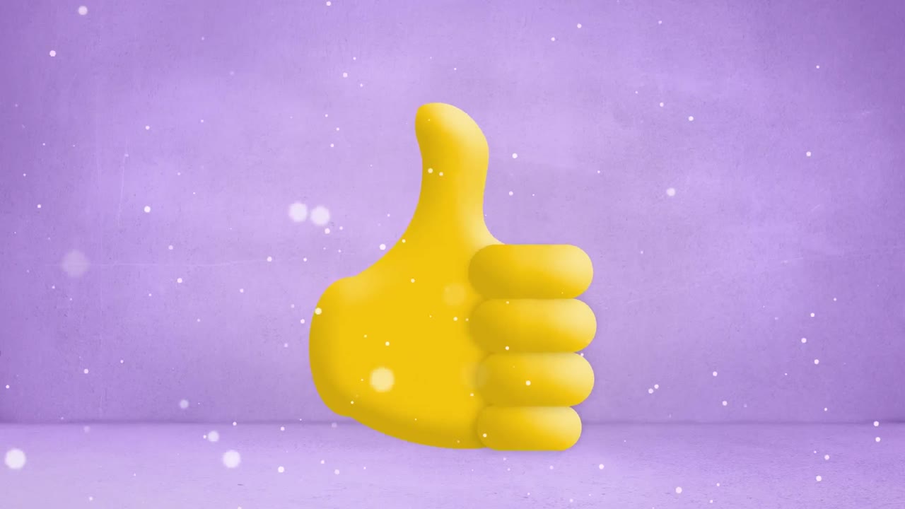 animación de manchas blancas de luz flotando sobre el pulgar amarillo como un emoji en un fondo púrpura pálido