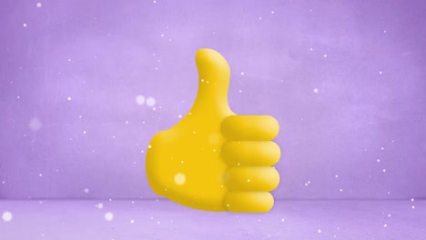 Animación-De-Puntos-Blancos-De-Luz-Flotando-Sobre-El-Pulgar-Amarillo-Hacia-Arriba-Como-Emoji-Sobre-Fondo-Violeta-Pálido