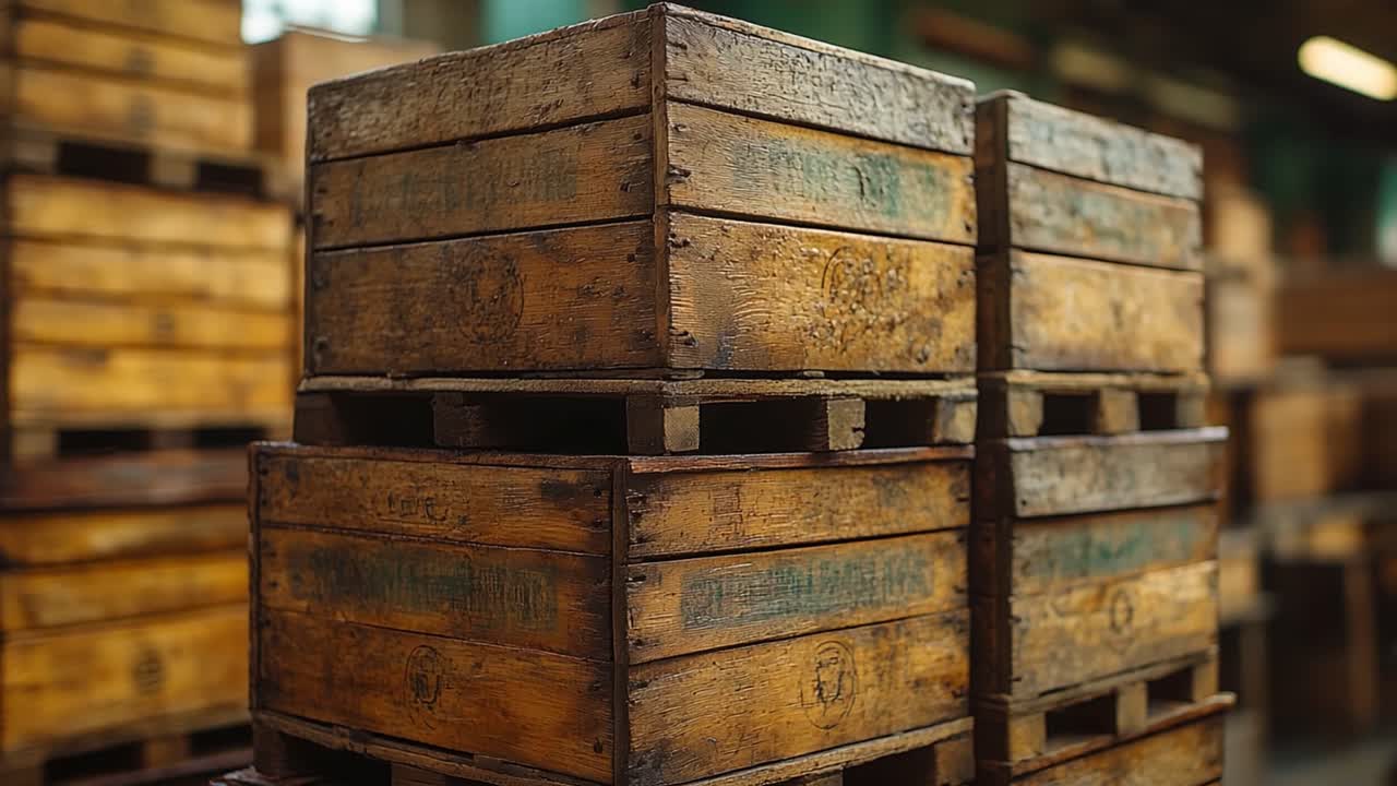 Stacks of Wooden Crates on Pallets