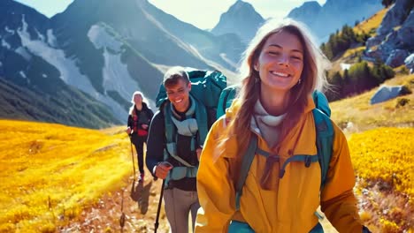 a group of people hiking in the mountains