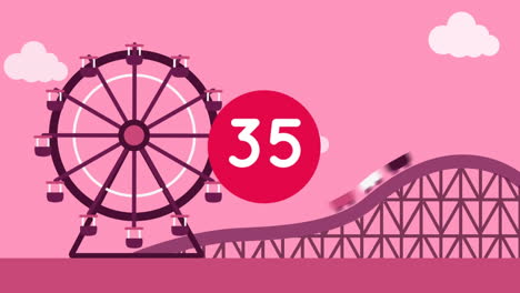 animación digital de números crecientes sobre una bandera roja redonda contra el parque de atracciones